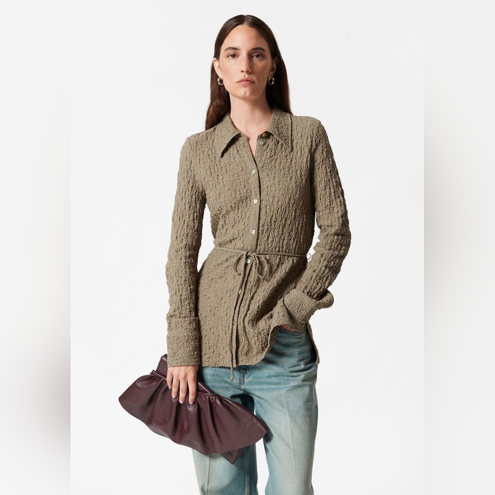 & Other Stories Khaki Textured Button-Down Shirt Size S NWT